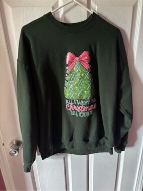 George Dark Green Christmas Tree Ribbon Sweatshirt with Pink Bow